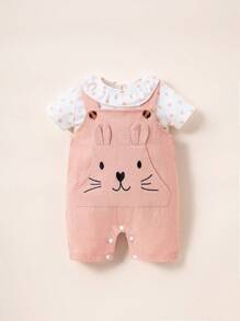 SHEIN 嬰兒波點圖案T恤和3D耳朵設計背帶連體短褲套裝 - 彩色 - 查看 1