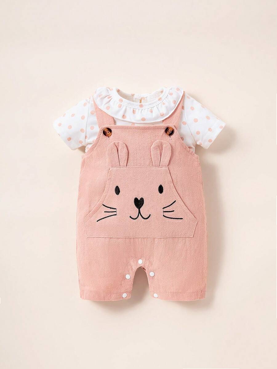 SHEIN 嬰兒波點圖案T恤和3D耳朵設計背帶連體短褲套裝 - 彩色 - 查看 1