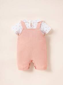 SHEIN 嬰兒波點圖案T恤和3D耳朵設計背帶連體短褲套裝 - 彩色 - 查看 2