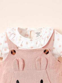 SHEIN 嬰兒波點圖案T恤和3D耳朵設計背帶連體短褲套裝 - 彩色 - 查看 5