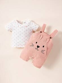 SHEIN 嬰兒波點圖案T恤和3D耳朵設計背帶連體短褲套裝 - 彩色 - 查看 6