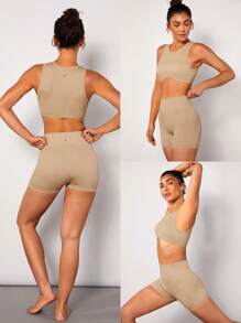 GLOWMODE Seamless Softness Curved Hem Sports Bra - Khaki - View 7