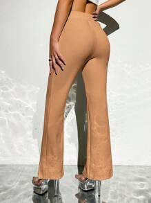 SHEIN PETITE 下擺開叉喇叭褲 - 卡其色 - 查看 2