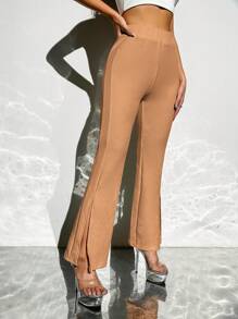 SHEIN PETITE 下擺開叉喇叭褲 - 卡其色 - 查看 5