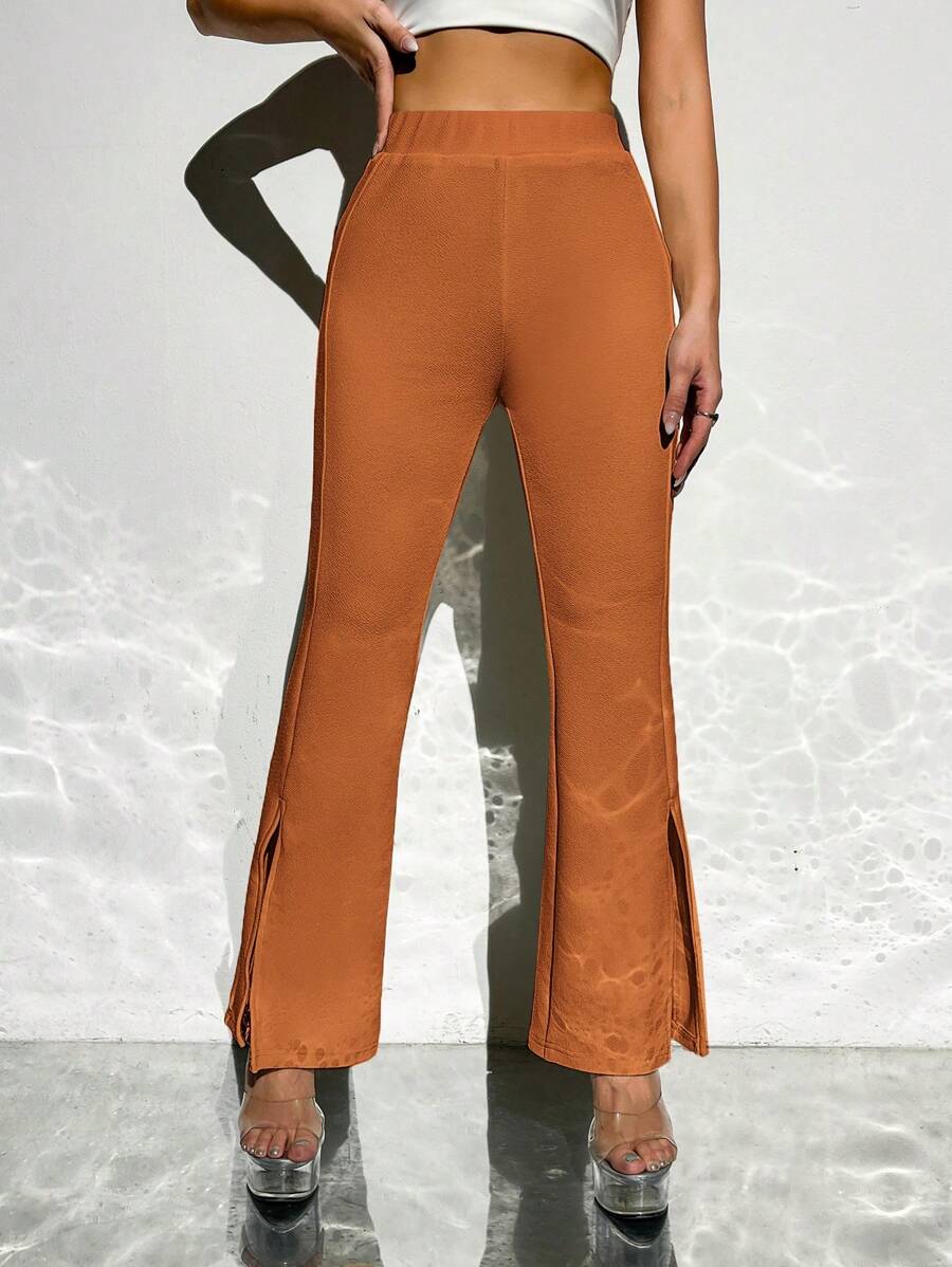 SHEIN PETITE Solid Split Hem Flare Leg Pants - Brown - View 1