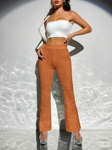 SHEIN PETITE Solid Split Hem Flare Leg Pants - Brown - View 5