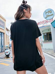 SHEIN EZwear 汽車和標語圖案落肩T恤 - 黑色 - 查看 2