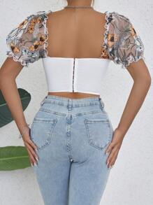 SHEIN Privé 花卉刺繡網紗泡泡袖雞心領口短款上衣 - 白色 - 查看 2