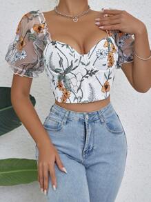 SHEIN Privé 花卉刺繡網紗泡泡袖雞心領口短款上衣 - 白色 - 查看 3