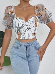 SHEIN Privé 花卉刺繡網紗泡泡袖雞心領口短款上衣 - 白色 - 查看 4