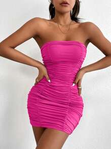 SHEIN Essnce 素色褶邊抹胸緊身連衣裙