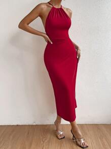 Zolique 素色高衩掛脖連衣裙 - 酒紅色 - 查看 3