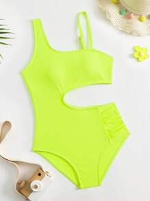 Girls Cut Out Asymmetrical Neck One Piece Swimsuit - Lime Green - View 1