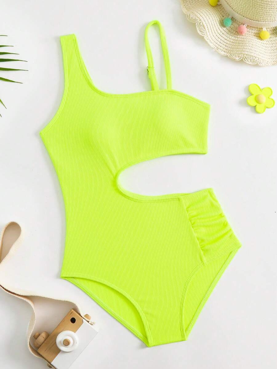 Girls Cut Out Asymmetrical Neck One Piece Swimsuit - Lime Green - View 1