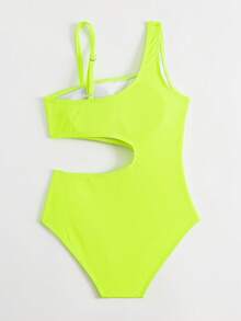 Girls Cut Out Asymmetrical Neck One Piece Swimsuit - Lime Green - View 2