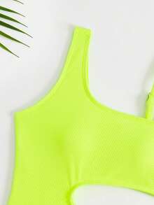 Girls Cut Out Asymmetrical Neck One Piece Swimsuit - Lime Green - View 3