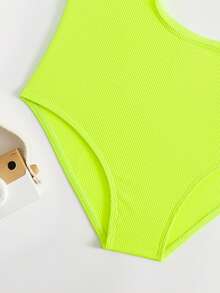 Girls Cut Out Asymmetrical Neck One Piece Swimsuit - Lime Green - View 4