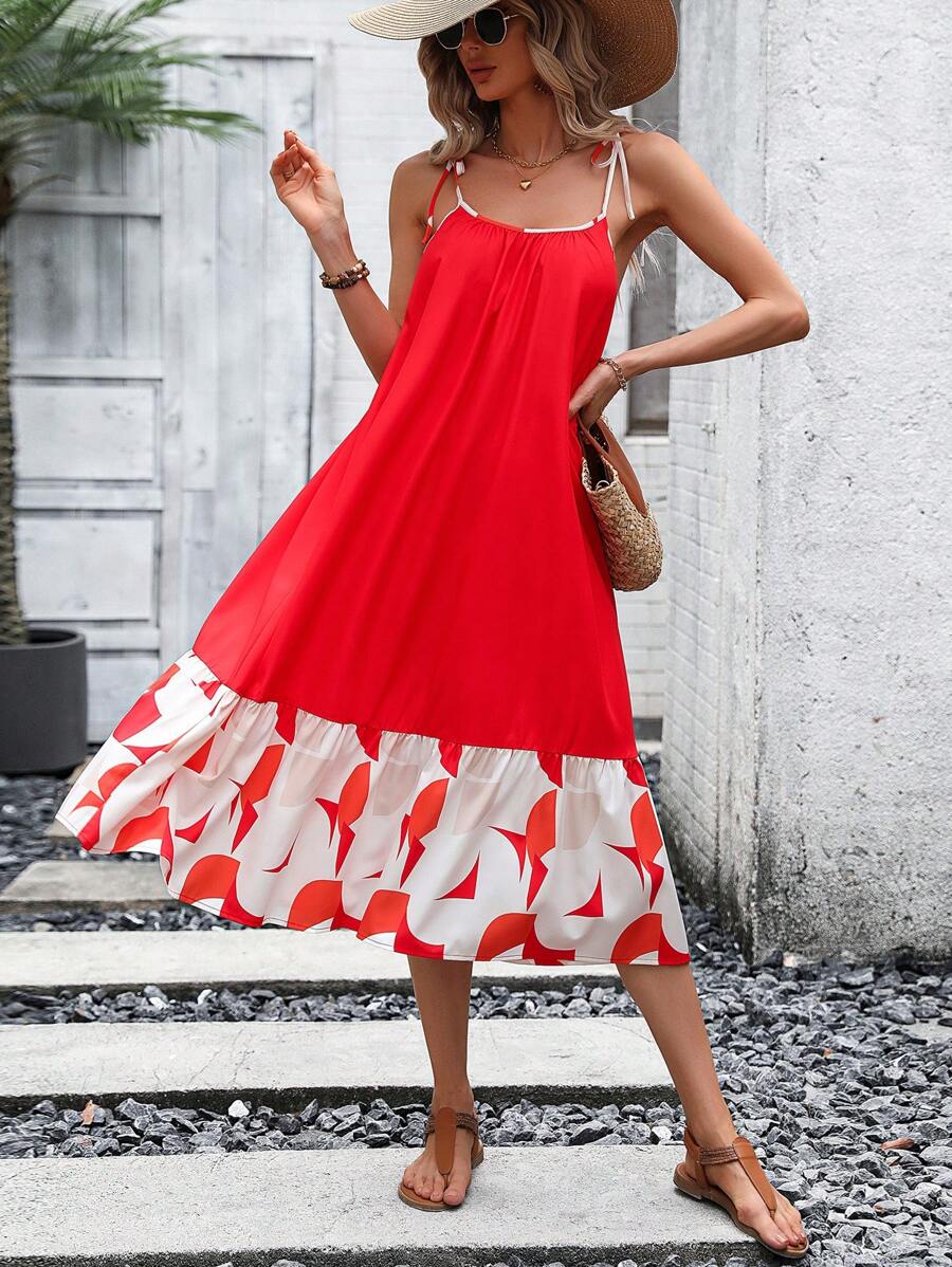 SHEIN VCAY Geo Print Ruffle Hem Cami Dress - Red - View 1