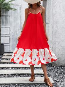 SHEIN VCAY Geo Print Ruffle Hem Cami Dress - Red - View 5