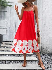 SHEIN VCAY Geo Print Ruffle Hem Cami Dress - Red - View 6