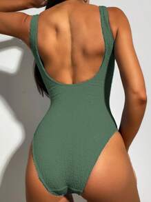 SHEIN Swim Summer Beach Solid Scoop Neck One Piece Swimsuit - Cadet Blue - View 2