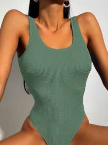 SHEIN Swim Summer Beach Solid Scoop Neck One Piece Swimsuit - Cadet Blue - View 3