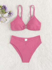 Teen Girls Solid Ring Linked Bikini Set Summer Beach - Pink - View 1