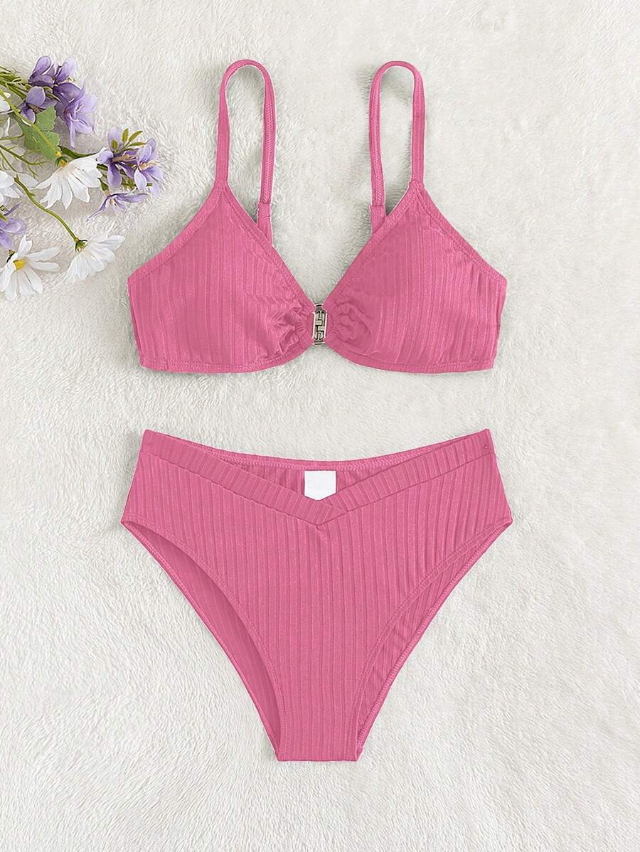 Teen Girls Solid Ring Linked Bikini Set Summer Beach - Pink - View 1