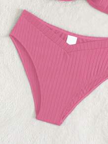 Teen Girls Solid Ring Linked Bikini Set Summer Beach - Pink - View 3