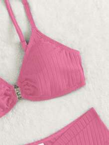 Teen Girls Solid Ring Linked Bikini Set Summer Beach - Pink - View 4