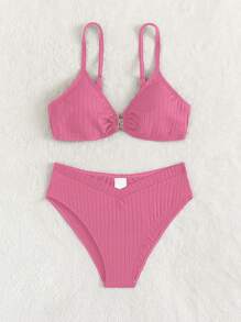 Teen Girls Solid Ring Linked Bikini Set Summer Beach - Pink - View 5