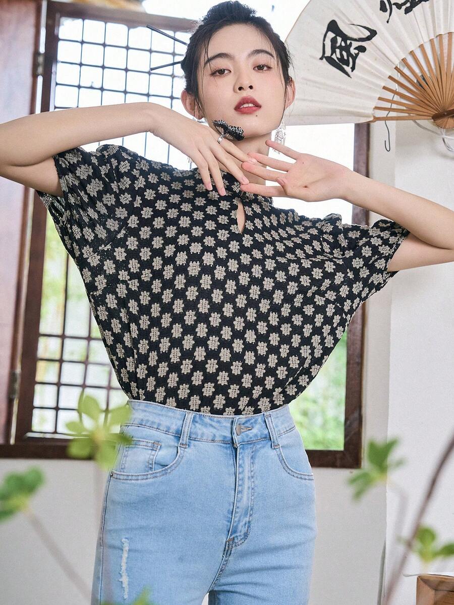 DAZY Áo sơ mi nữ Hoa Tất cả trên in Giải trí - màu đen - Xem 1