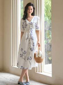 DAZY Vestido con estampado floral de manga farol - Blanco - Ver 1