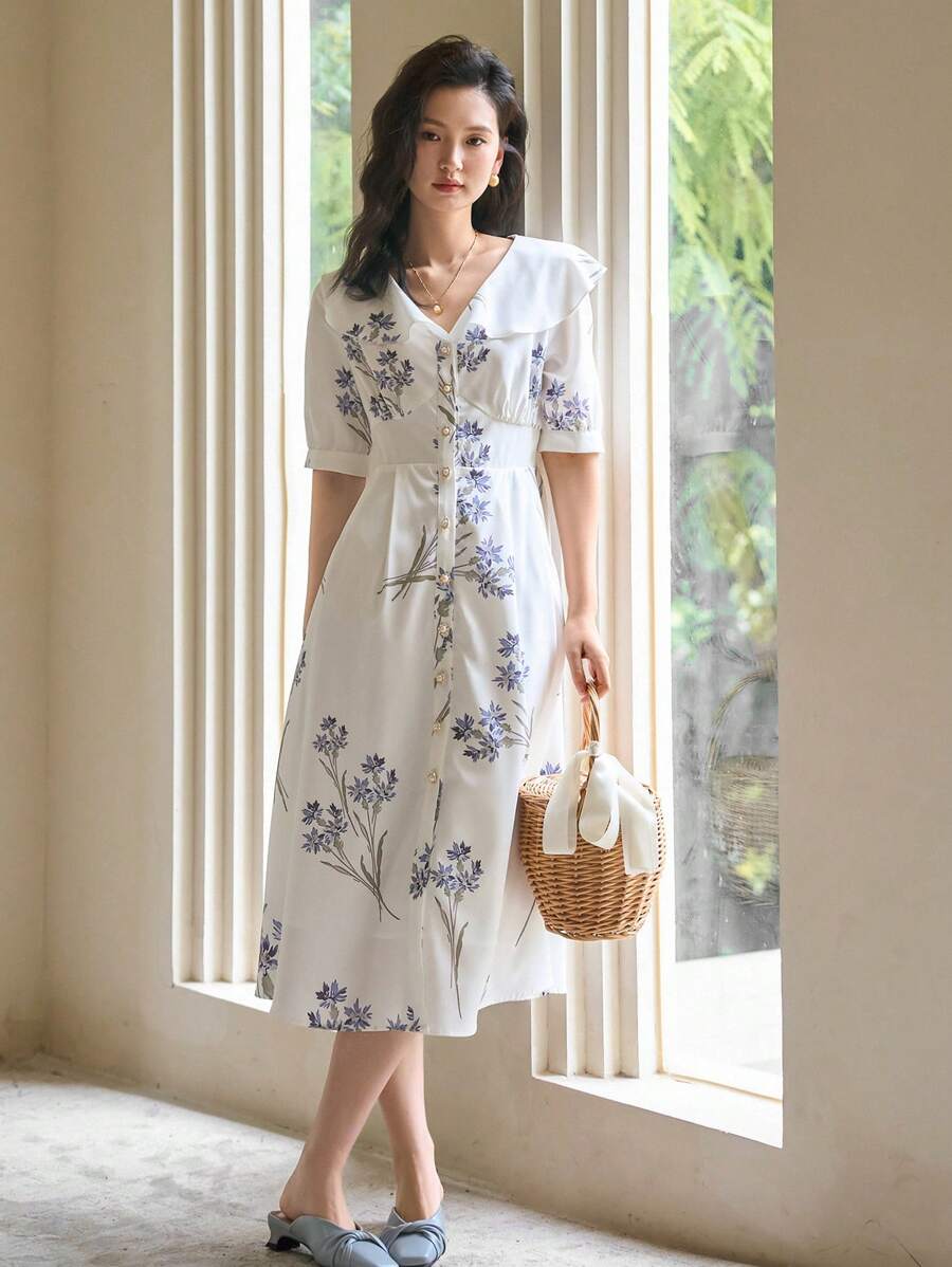 DAZY Vestido con estampado floral de manga farol - Blanco - Ver 1