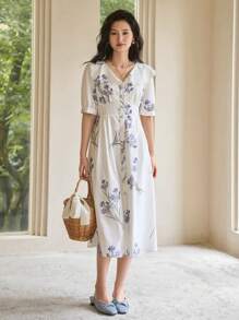 DAZY Vestido con estampado floral de manga farol - Blanco - Ver 3