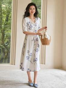 DAZY Vestido con estampado floral de manga farol - Blanco - Ver 4