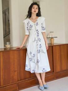 DAZY Vestido con estampado floral de manga farol - Blanco - Ver 5