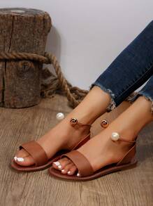 Sandal quai ngang mắt cá chân đính ngọc trai giả dành cho nữ, sandal thời trang làm từ da sợi nhỏ nhân tạo, phù hợp với trang phục mùa xuân hè. - màu nâu - Xem 3
