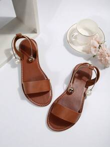 Sandal quai ngang mắt cá chân đính ngọc trai giả dành cho nữ, sandal thời trang làm từ da sợi nhỏ nhân tạo, phù hợp với trang phục mùa xuân hè. - màu nâu - Xem 4