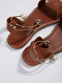 Sandal quai ngang mắt cá chân đính ngọc trai giả dành cho nữ, sandal thời trang làm từ da sợi nhỏ nhân tạo, phù hợp với trang phục mùa xuân hè. - màu nâu - Xem 5