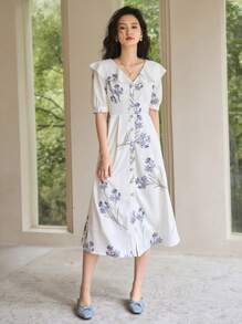 DAZY Vestido con estampado floral de manga farol - Blanco - Ver 7