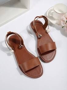 Sandal quai ngang mắt cá chân đính ngọc trai giả dành cho nữ, sandal thời trang làm từ da sợi nhỏ nhân tạo, phù hợp với trang phục mùa xuân hè. - màu nâu - Xem 6
