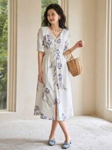 DAZY Vestido con estampado floral de manga farol - Blanco - Ver 16