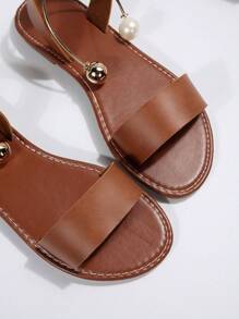 Sandal quai ngang mắt cá chân đính ngọc trai giả dành cho nữ, sandal thời trang làm từ da sợi nhỏ nhân tạo, phù hợp với trang phục mùa xuân hè. - màu nâu - Xem 8