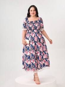 Mulvari 大碼印花鏤空蕾絲花邊洋裝 - 藍色 - 查看 1