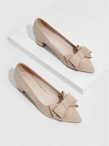 Giày cao gót họa tiết hoa mai thanh lịch dành cho nữ, trang trí nơ Mũi nhọn Giày cao gót giả da lộn chunky - Màu be - Xem 5