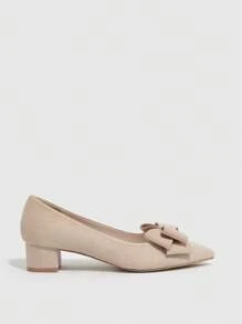 Giày cao gót họa tiết hoa mai thanh lịch dành cho nữ, trang trí nơ Mũi nhọn Giày cao gót giả da lộn chunky - Màu be - Xem 3