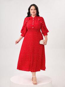 Mulvari 大碼波點圖案荷葉邊百褶下擺襯衫洋裝 - 紅色 - 查看 1