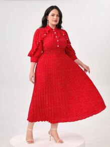 Mulvari 大碼波點圖案荷葉邊百褶下擺襯衫洋裝 - 紅色 - 查看 4