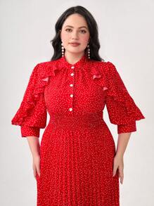 Mulvari 大碼波點圖案荷葉邊百褶下擺襯衫洋裝 - 紅色 - 查看 5